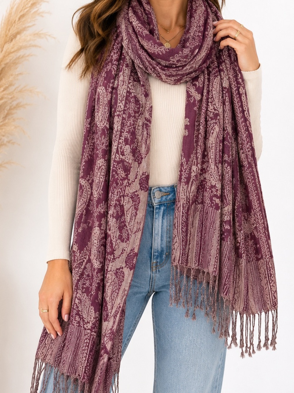 Nordstrom Oversized Boho Paisley Fringe Scarf Wrap Shawl Purple Mauve